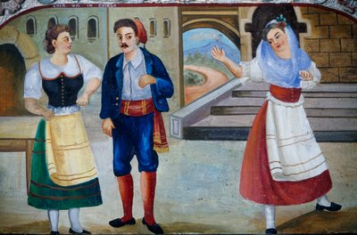 Gallant scene with costumed characters, wood panel painting (detail) by William M. Timlin