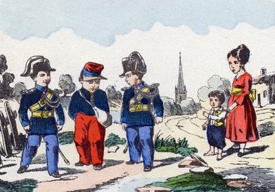 Gendarmes. Engraving in "Alphabet militaire enfantin". Imagery of Pont-a-Mousson, circa 1890 by Unbekannt
