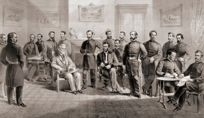 General Ulysses S. Grant (seated centre right) and General Robert E. Lee (seated centre left) with their respective staff at the Appomattox Courthouse, Virginia where General Lee surrendered the Army of North Virginia and thus ended the American Civil War by Unbekannt