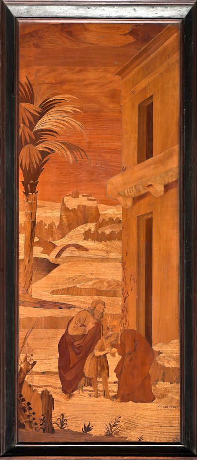 Genoa, Duomo (St Lawrence Cathedral), inside, apse, choir, North side: "St John the Baptist takes leave from his family", wood intarsia by Vincenzo e Tommaso Garassino (XIX century) by Unbekannter Künstler