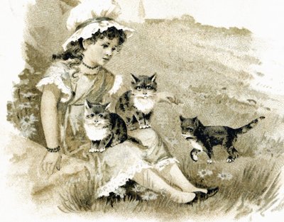 Girl Returning with Cats on Her Knees. Postcard Around 1900 by Unbekannt