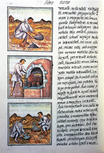 Gold processing by Spanish, text in Nahuatl, facsimile of manuscript General History of Things of New Spain, also known as Florentine Codex, by Bernardino de Sahagun by Benjamin Baud