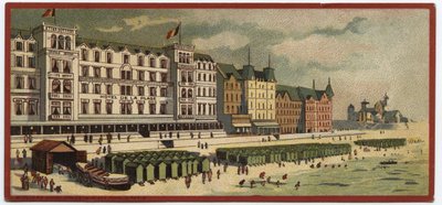 Grand hotels: exterior view of the Hotel de la Plage in Ostend, Belgium - Map of a series presenting the hotels of the 