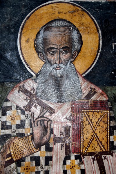 Ancient Byzantine Frescoes, Mural of Bishop Nicholas, Church of Agios Nikolaos, Greece by Unbekannt