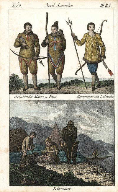 Greenland dwellers wearing skins and one Inuit from Labrador (Canada) with a trident. Below is a daily scene of Inuit family life in front of an igloo, a tent and a canoe, North America. Lithography for the book: “Galerie complete en tableaux fideles des p by Unbekannter Künstler