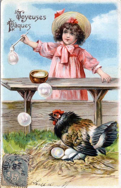 Greeting Card for Easter: a hen covering her eggs curiously looks at the soap bubbles made by a little girl by Unbekannt