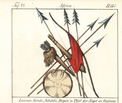 Guinee Conakry weapons, spears, clubs, bow and arrows in their quiver, shield. Lithography for the book: “Galerie complete en tableaux fideles des peuples d