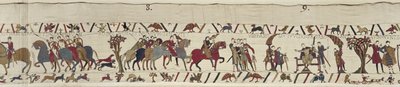 Guy of Ponthieu takes Harold as prisoner to the castle of Beaurain, Bayeux Tapestry by Unbekannt