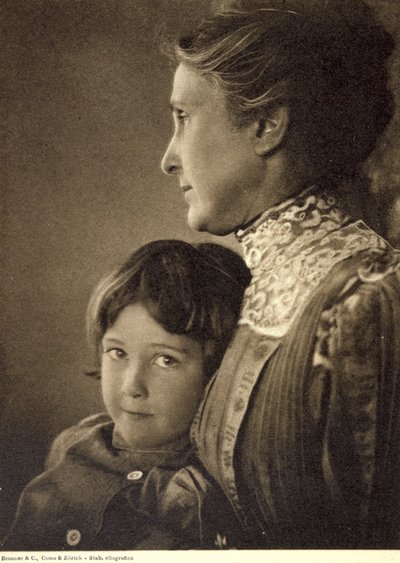 Half-length portrait of a child tenderly embraced by an elderly lady by Unbekannter Künstler