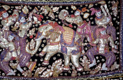 Handcrafted embroidered cloth depicting knights, ladies and elephants by William M. Timlin