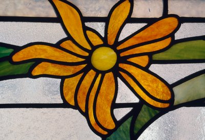 Handcrafted stained glass window with floral decoration (detail) by William M. Timlin