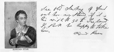 Handwriting and signature of Edmund Kean by Unbekannt