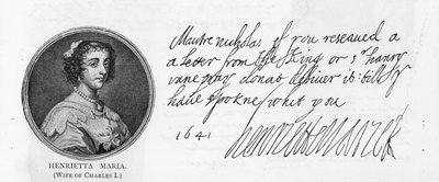 Handwriting and signature of Queen Henrietta Maria by Unbekannt