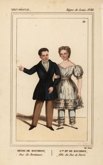 Henry, Count of Chambord, Duke of Bordeaux and Louise Marie Therese of Artois, daughter of the Duke of Berry. Handcoloured lithograph by Madame Calon from Le Bibliophile Jacob aka Paul Lacroix