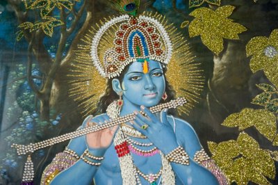 Hinduism; Painting of Lord Krishna with Flute; Durgiana Mandir Vishnu Temple; Amritsar; Punjab; India; South Asia; Asia by Unbekannt