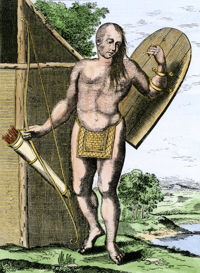 History of Indigenous Peoples: An Indian of Canada holding a shield, a bow and arrows in a quiver by Unbekannter Künstler
