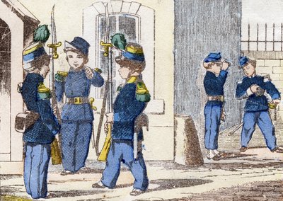Hunters on foot. Engraving in "Alphabet militaire enfantin". Imagery of Pont-a-Mousson, circa 1890. by Unbekannt