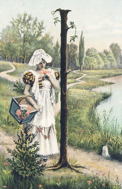 I: A Woman Standing in a Dress, Apron, and Bonnet Holding a Basket on Her Right Arm. Countryside Setting - Alphabet Characters Ref Th. E., L. Theochrom - Series 994. Theodor Eisman, publisher, Leipzig by Unbekannt