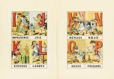 I: Imprudence; J: Joy; K: Kiosk; L: Tears; M N O P: Household, Knot, Order, Fish - Engraving from ABCD of Little Girls. Pellerin & Cie, Epinal, c.1890 by Unbekannt