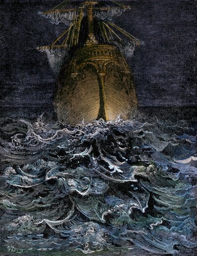 I watched the sea in decomposition, the hull of a ship on the sea at night - Illustration by Gustave Dore for "La Lournte du vieux sailor" by Samuel Taylor Coleridge - Colorized engraving by Unbekannter Künstler