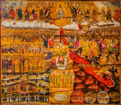 Icon the Last Judgement, Moni Gonias enthroned directly on the sea above a rock, Crete by Unbekannter Künstler