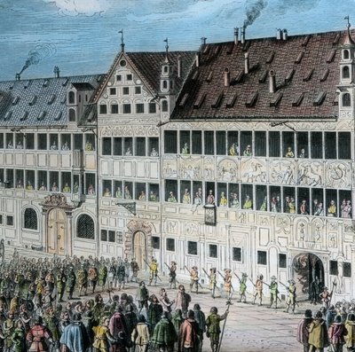 In front of the Fugger house on the Weinmarkt in the city of Augsburg, the people render homage to Swedish king Gustav Adolf by Unbekannter Künstler
