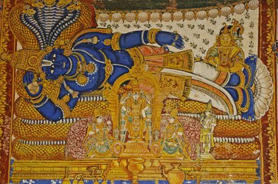 India, Tamil Nadu, Srirangam, Sri Ranganathasvami Hindu Temple (orig 10th century), wall painting of Vishnu. by Unbekannt