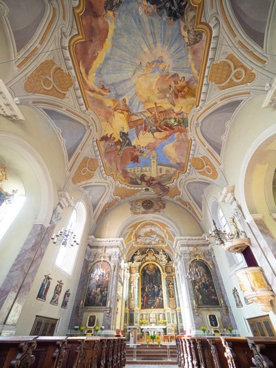 Interior and ceiling paintings by Hans Andre, Servitenkirche, Innsbruck, Tyrol, Austria, Europe by Unbekannter Künstler