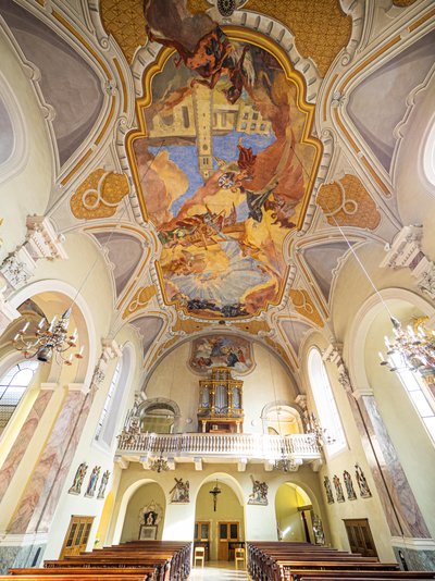 Interior, ceiling painting by Hans Andre, Servitenkirche, Innsbruck, Tyrol, Austria, Europe by Unbekannter Künstler
