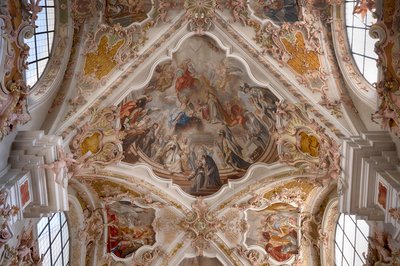 Interior photograph of ceiling frescoes, ceiling painting, monastery basilica, monastery church, Augustinian canons