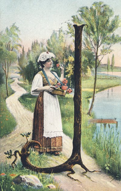 J: A Woman Standing in a Long Skirt, Apron, and Bodice Holding a Basket of Flowers. Countryside Setting - Alphabet Characters Ref Th. E., L. Theochrom - Series 994. Theodor Eisman, publisher, Leipzig by Unbekannt