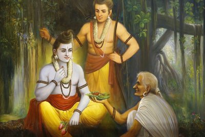 Jalaram Prathna Hindu Temple, Leicester: Fresco of Rama Meeting Shabari Who Offers Food to Ramacandra, United Kingdom by Unbekannt