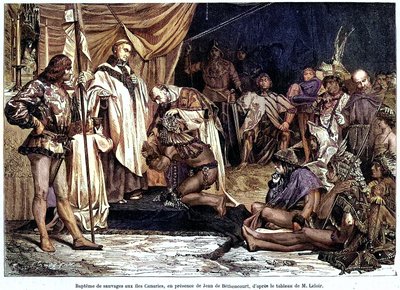 Jean de Bethencourt, Norman gentleman, Baron de Saint Martin le Gaillard, conquered and Christianized the Canary Islands in January 1405, from the magazine “Sur terre et sur mer” n°28, January 8 by Unbekannter Künstler