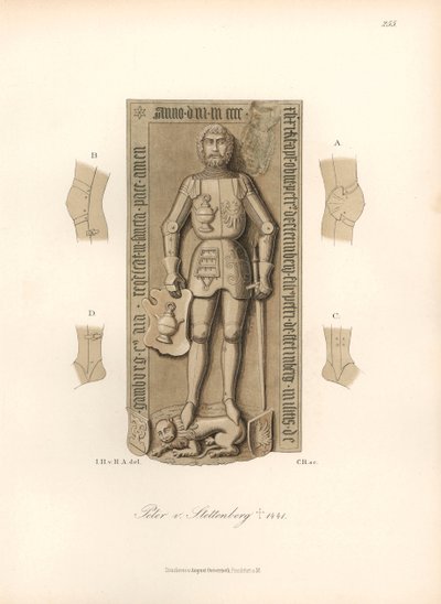 Knight in armor 15th century, with details of the bindings on the knees and elbows. Chromolithography, drawing by Jakob Heinrich von Hefner-Alteneck for his book Costumes, crafts and instruments by Unbekannter Künstler