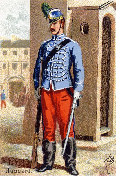 L: Hussar. Engraving in "Military Alphabet". Illustrator