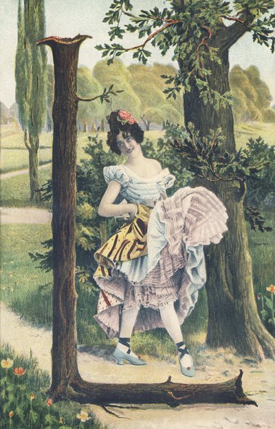 L: A woman with flowers in her hair lifts her skirts to sketch a dance step. Rustic decor - Alphabet Characters Ref Th. E., L. Theochrom - Series 994. Theodor Eisman, publisher, Leipzig by Unbekannt