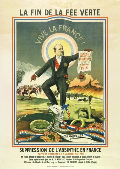 The End of the Green Fairy, lithograph during the ban on absinthe in France in 1915 by Unbekannt