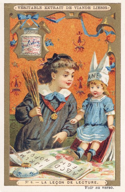 The Reading Lesson. A little girl makes her doll read the alphabet while threatening it with a handful of rods. Advertising chromolithography, Liebig