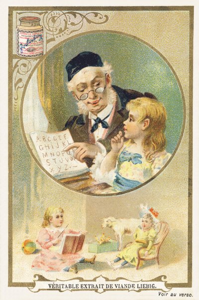 Reading with grandfather. Advertising chromolithograph representing an elderly person and a child. Published by Compagnie Liebig, Paris, late 19th century by Unbekannt