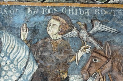 Legend of the foundation of the Abbey of Vezzolano: King Charlemagne hunted falcon. It was said to have the origin of the construction of the abbey. Fresco of the cloister of the Abbey of Vezzolano. Piemont, Italy. by Unbekannt