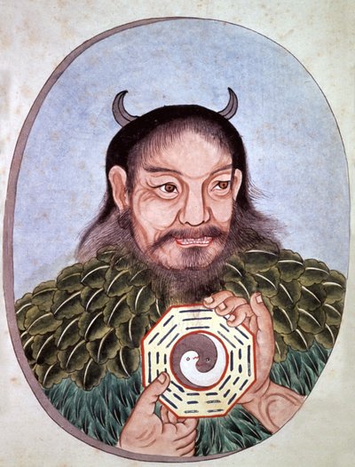Legendary Chinese Emperor Fu Hi, One of the Founders of Taoism, Carrying the Medallion with Yin and Yang, Chinese Engraving, End of 18th Century by Unbekannter Künstler