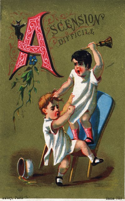 Letter A: Difficult ascent. Engraving in "Alphabet des grotesques". Series of 25 advertising chromolithographs, late 19th century. by Unbekannt
