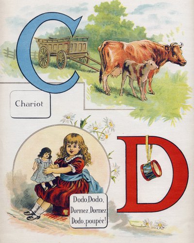 Letter C and D: Cart and sleeping doll. Engraving in "ABC L