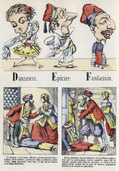 Letter D, E and F: dancer, grocer and infantry. Alphabet of the Eastern Tale. Imaging of Epinal, circa 1890 by Unbekannt
