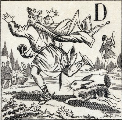 Letter D: King Dagobert Pursued by a Hare. Engraving in 