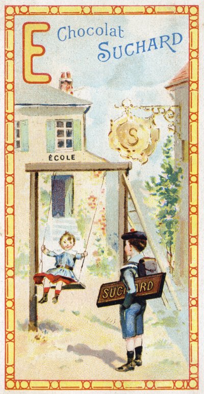 Letter E: school, children, escarpolette, badge, sign, entrance, ladder, schoolboy. Engraving of the Alphabet edited by Chocolat Suchard, beginning of the 20th century by Unbekannt