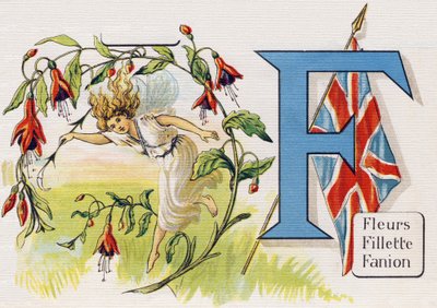 Letter F: Flowers, Girl, Pennant. Engraving in "ABC L