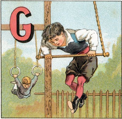 Letter G for gymnastics. Engraving in 