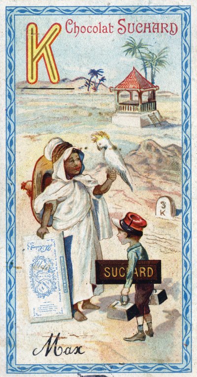 Letter K: kabyle, kepi, kilogram, kakatoes, kiosk, kilometre. Engraving of the Alphabet edited by Chocolat Suchard, beginning of the 20th century by Unbekannt
