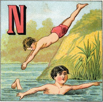 Letter N for Swimming. Engraving in 